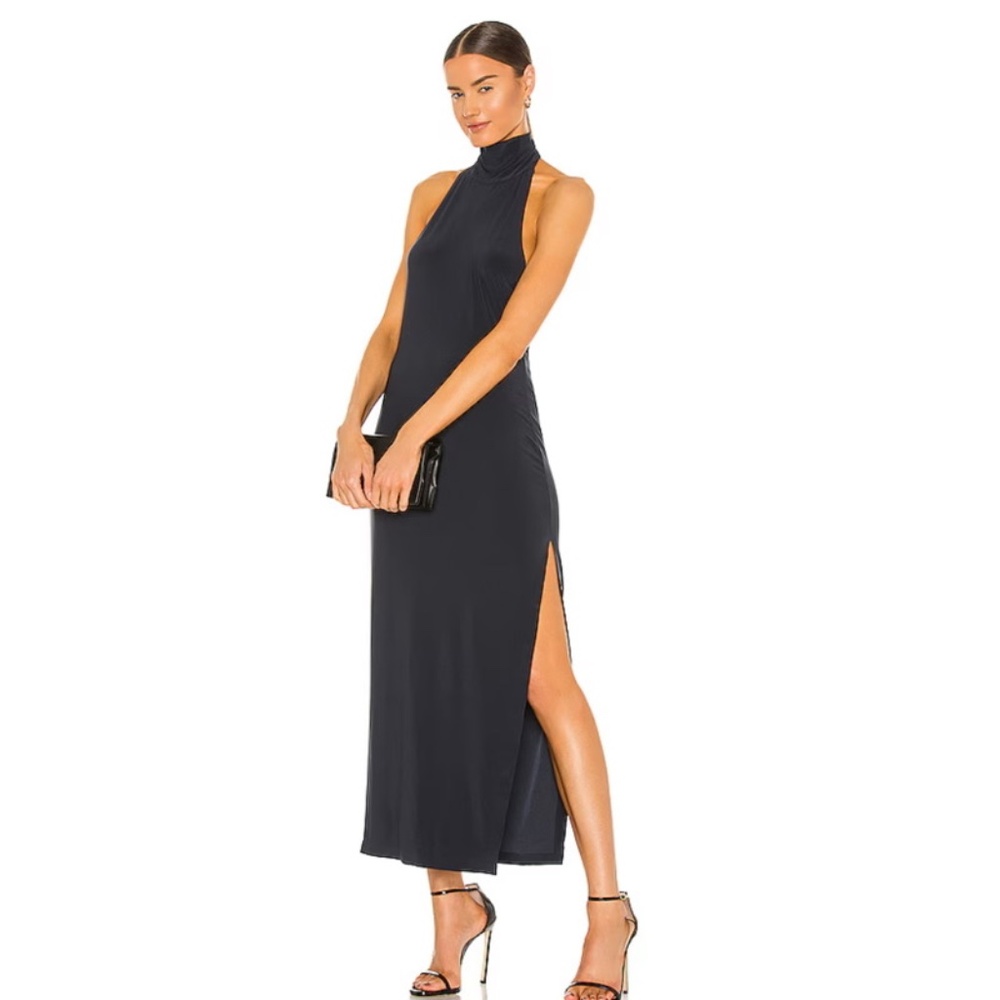 Norma Kamali Halter Turtle Side Slit Long Dress - Size Small - Pewter